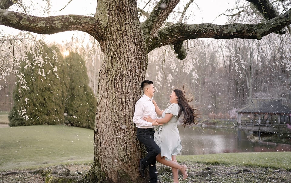 Engaged couple laughing under cherry blossoms at sunrise during spring engagement session at Brookside Gardens